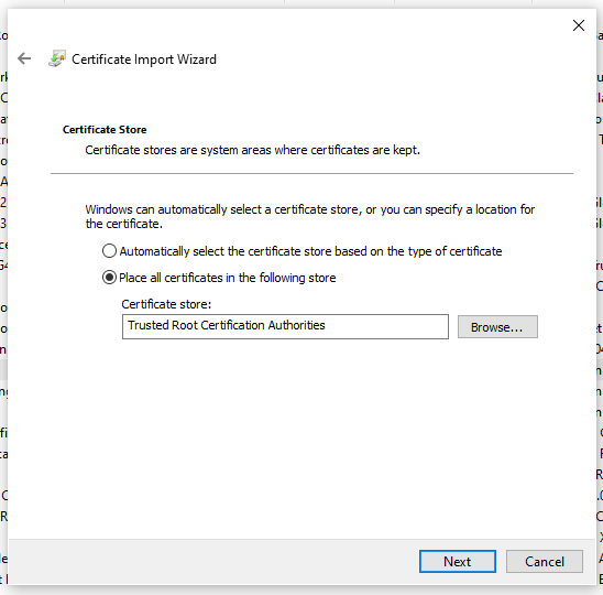 A computer screen with a certificate wizard on it.