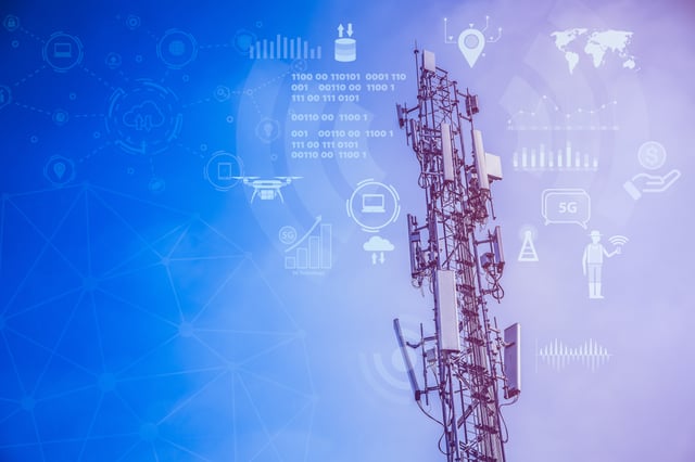 A tower with a cell phone antenna is shown in a blue sky. The tower is surrounded by various icons, including a drone, a laptop, a map, and a globe. The image is set against a backdrop of a cloudy sky, creating a visually appealing scene.