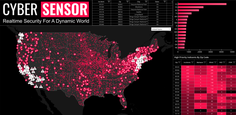A map of the United States with many red dots on it.